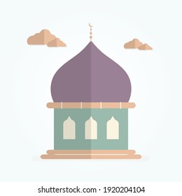 Illustration of islamic mosque, flat vector design on light blue background, the dome is purple. Vector illustration