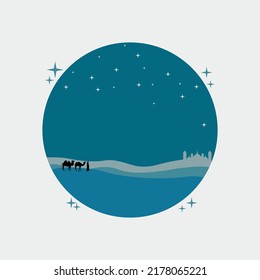 Illustration islamic new year 1444 hijri with shillouete of man and camel walking on desert and mosque in the night, simple background