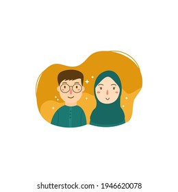Illustration islamic people greeting happy eid al mubarak or eid al fitr with muslim woman and man