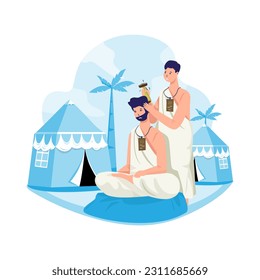 Illustration of Islamic pilgrimage with muslim doing Tahallul means shaving head or cutting hair during hajj