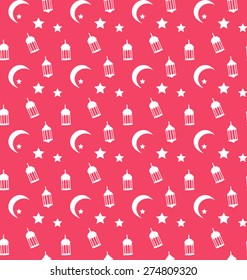 Illustration Islamic Seamless Pattern with Arabic Lamps, Crescents and Stars - Vector