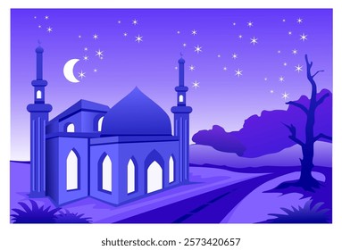 Illustration of an Islamic themed natural landscape background with a mosque under a clear night sky and shining stars and crescent moon, suitable for backgrounds, wall decorations, Ramadan templates.