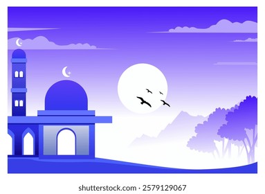 Illustration of Islamic themed natural scenery background with objects of mosque, mountains, flying birds, trees, and moon shining on a beautiful night.