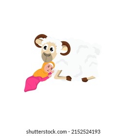 Illustration Of Islamic Young Girl And Sheep On White Background.