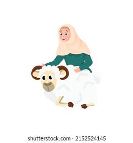 Illustration Of Islamic Young Lady Holding A Cartoon Sheep On White Background.