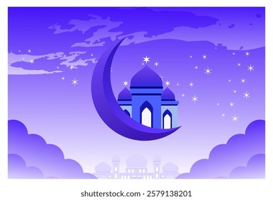 Illustration of an Islamic-themed landscape background with mosques and a crescent moon above the sky, stars, clouds and clear skies decorating it.