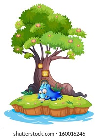Illustration of an island with a blue monster writing on a white background