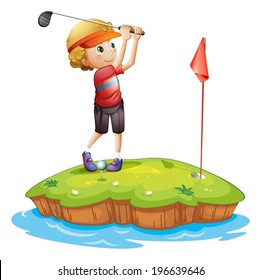 Illustration of an island with a boy playing golf on a white background