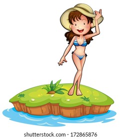 Illustration of an island with a girl wearing a bikini on a white background