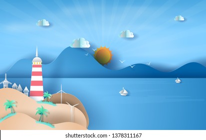 illustration of Island with lighthouse on sea view sunlight blue sky,Summer time season concept,Boat floating in the sea on blue sky.Graphic design Seaside landscape, Paper craft and cut idea,vector.