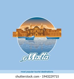 Illustration of the island Malta in a circle on a blue background.