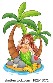 Illustration of an island with a mermaid on a white background