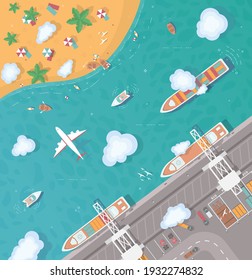 Illustration of an island in the middle of the ocean. Cargo port in flat style. Top view. Container ship, cargo ship, yacht, boat and harbor, industry shipping transport, crane and dock. 