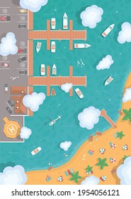 Illustration of an island in the middle of the ocean. Cargo port in flat style. Top view. Container ship, cargo ship, yacht, boat and harbor, industry shipping transport, crane and dock. 