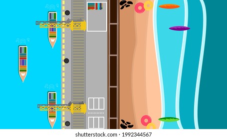 Illustration of an island in the middle of the ocean. Cargo port in flat style. Top view. Container ship, cargo ship, yacht, boat and harbor, industry shipping transport, crane and dock.