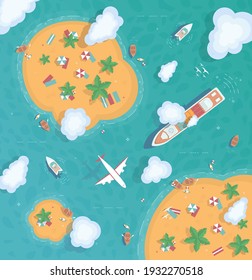 Illustration Of An Island In The Middle Of The Ocean. Flat Style. Top View. Container Ship, Cargo Ship, Yacht. The Plane Is Flying Over The Ocean. Summertime - Sea, Sand, Umbrellas, Palm, Surfing.