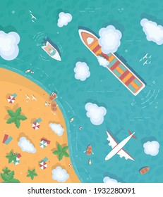 Ilustración de una isla en medio del océano. Estilo plano. Vista superior. Buque de contenedores, buque de carga, yate. El avión está sobrevolando el océano. En verano, mar, arena, sombrillas, palmeras, surf.