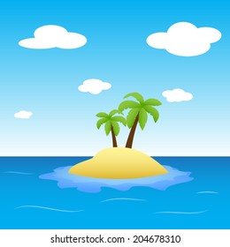 Illustration of island in the middle of ocean with two palm trees