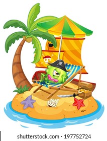 Illustration of an island with a monster pirate on a white background