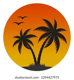 Illustration of an island with a palm tree and seagulls against the background of the sunset