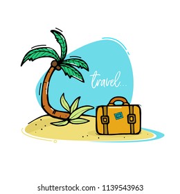 illustration an island with a palm tree and a suitcase on the sand near the sea or ocean against a blue sky. travels