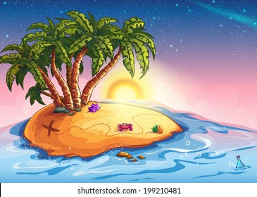 Illustration island with palm trees and treasure in the midst of the ocean