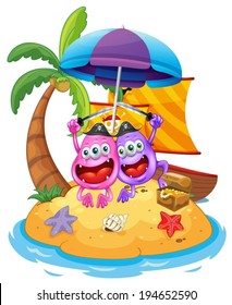 Illustration of an island with pirate monsters on a white background