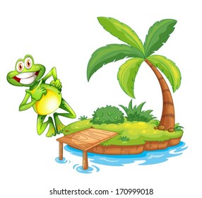 Illustration of an island with a playful and smiling frog on a white background