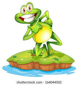 Illustration of an island with a smiling frog on a white background