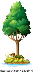 Illustration of an island with a smiling turtle under the tree on a white background