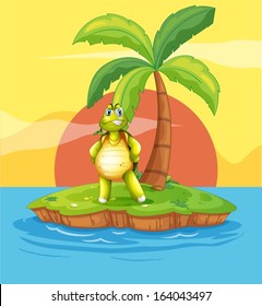 Illustration of an island with a stranded turtle near the coconut tree