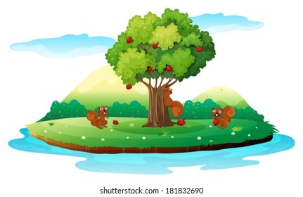 Illustration of an island with three playful beavers on a white background