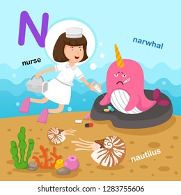 Illustration Isolated Alphabet Letter N-narwhal,nautilus,nurse.vector