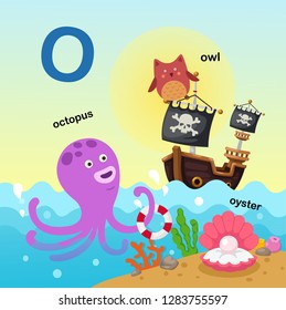 Illustration Isolated Alphabet Letter O-octopus,owl,oyster.vector