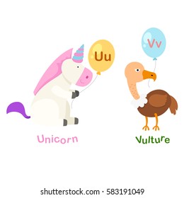 Illustration Isolated Alphabet Letter U-unicorn,,V-vulture vector