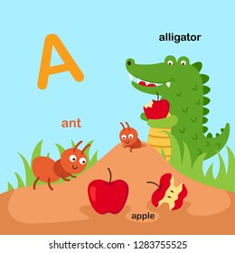 Illustration Isolated Animal Alphabet Letter A-ant,apple,alligator.vector