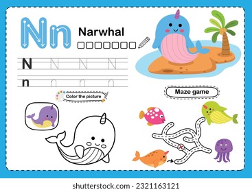 Illustration Isolated Animal Alphabet Letter N-Narwhal