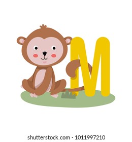 illustration of isolated animal alphabet M with monkey.