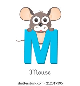 Illustration of isolated animal alphabet. M is for mouse. Vector illustration.