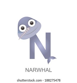 illustration of isolated animal alphabet. N is for narwhal. Vector illustration.