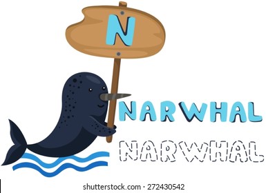 illustration of isolated animal alphabet n with narwhal