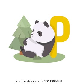 illustration of isolated animal alphabet P with panda.