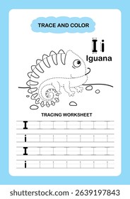 Illustration Isolated Animal Alphabet Trace and color Letter I-Iguana