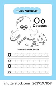 Illustration Isolated Animal Alphabet Trace and color Letter O-octopus