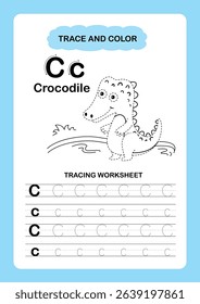 Illustration Isolated Animal Alphabet Trace and color Letter C-Crocodile