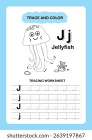 Illustration Isolated Animal Alphabet Trace and color Letter J-Jellyfish