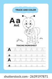 Illustration Isolated Animal Alphabet Trace and color Letter A-Ant