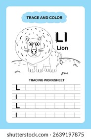 Illustration Isolated Animal Alphabet Trace and color Letter L-Lion