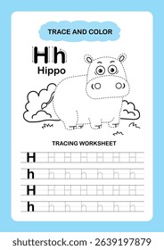 Illustration Isolated Animal Alphabet Trace and color Letter H-Hippo