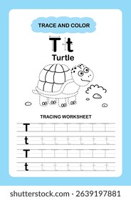 Illustration Isolated Animal Alphabet Trace and color Letter T-Turtle